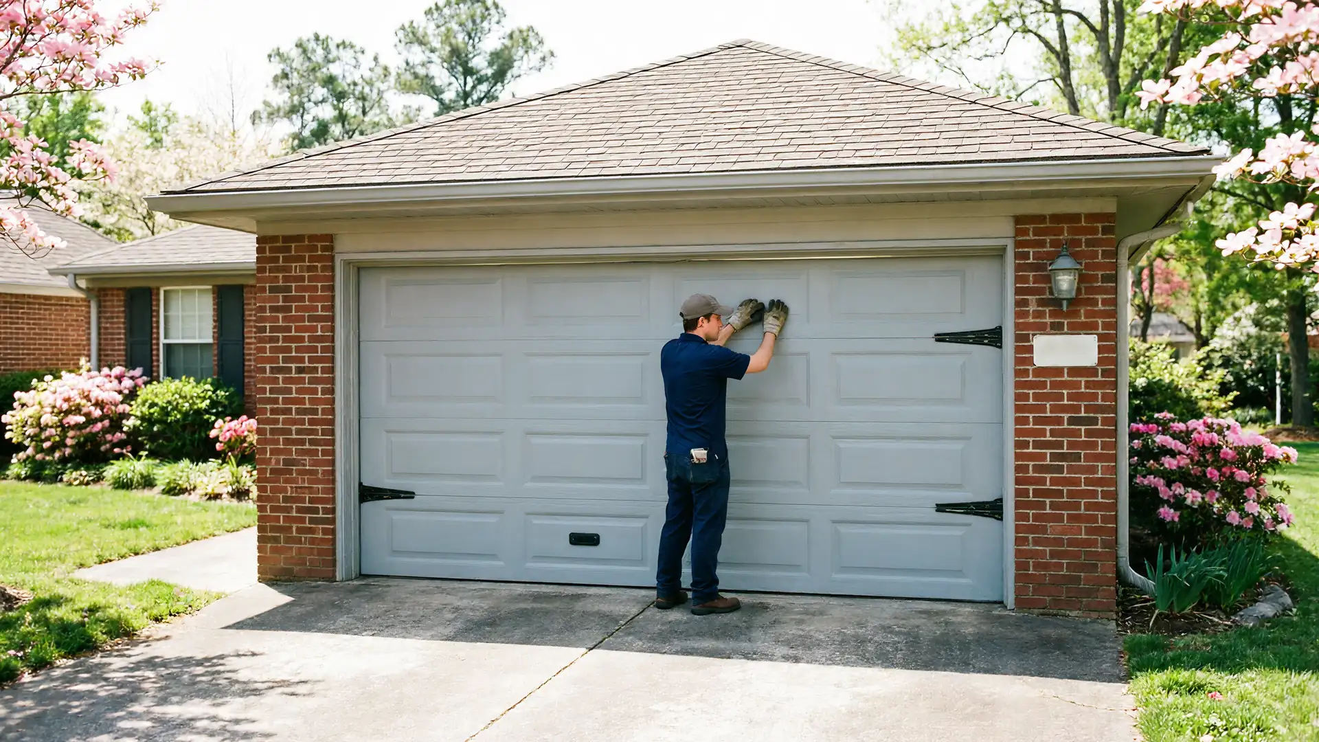 A technician in a blue shirt and cap works on a light gray garage door.