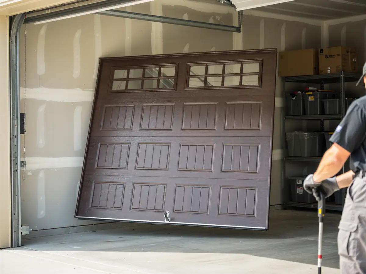 A technician stands in a garage with a brown garage door leaning against the wall.