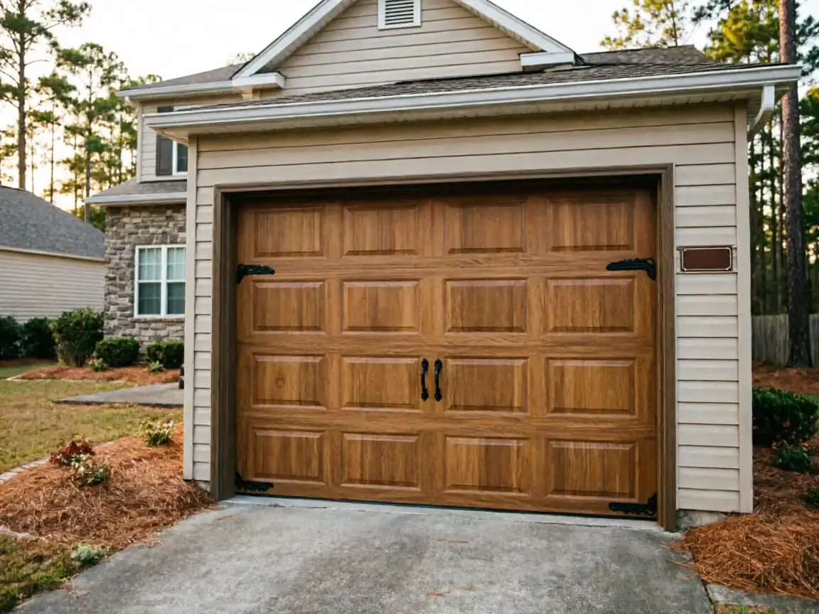 The garage door is a brown wood-look panel door with black decorative hardware.